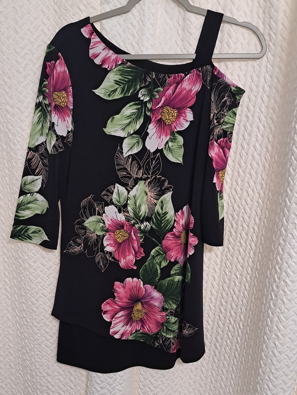 Joseph Ribkoff Black One-Shoulder Tunic with Pink & Green Floral Print